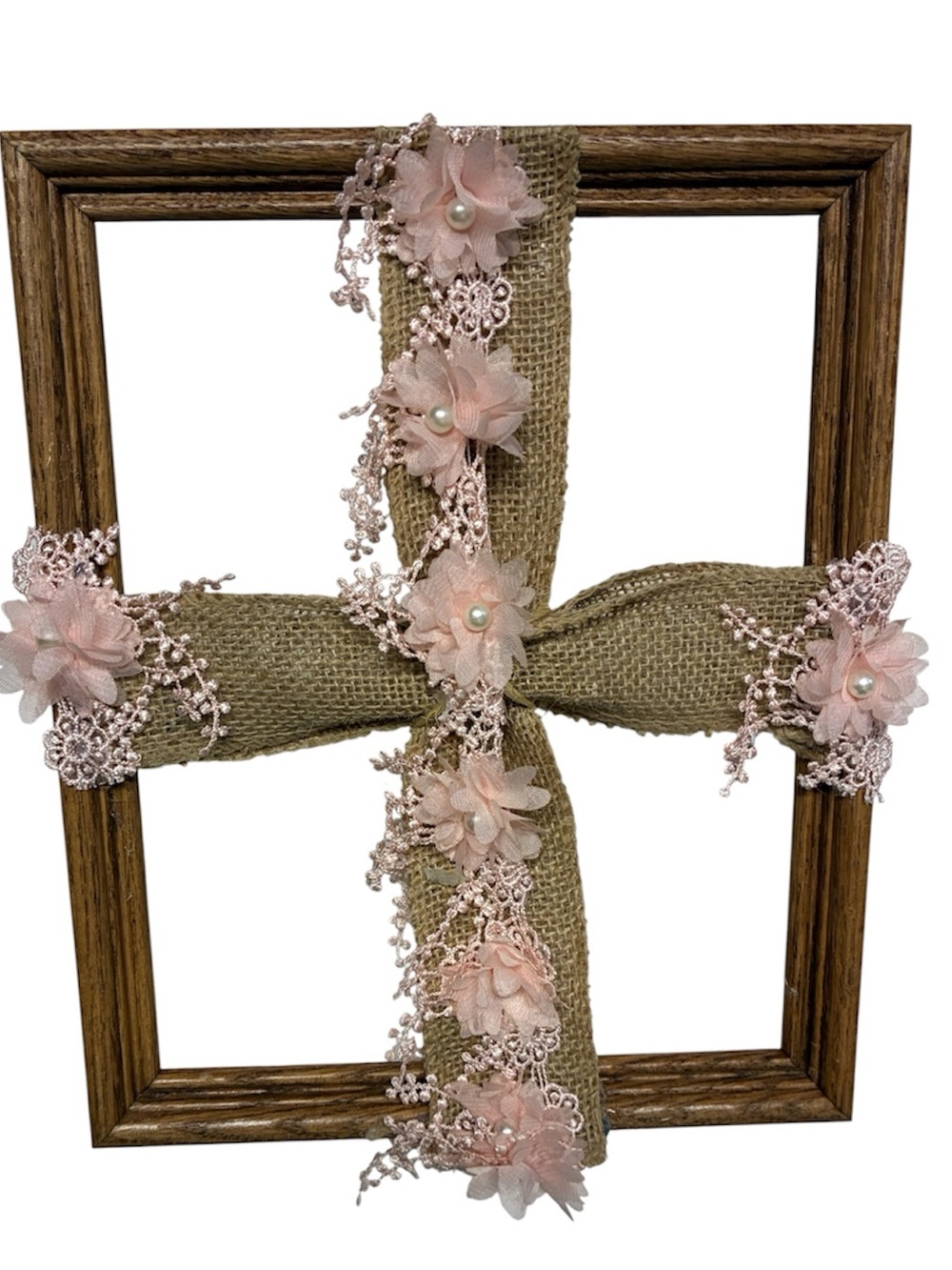 Burlap Cross Wall Accent with Blush Pink Floral Trim